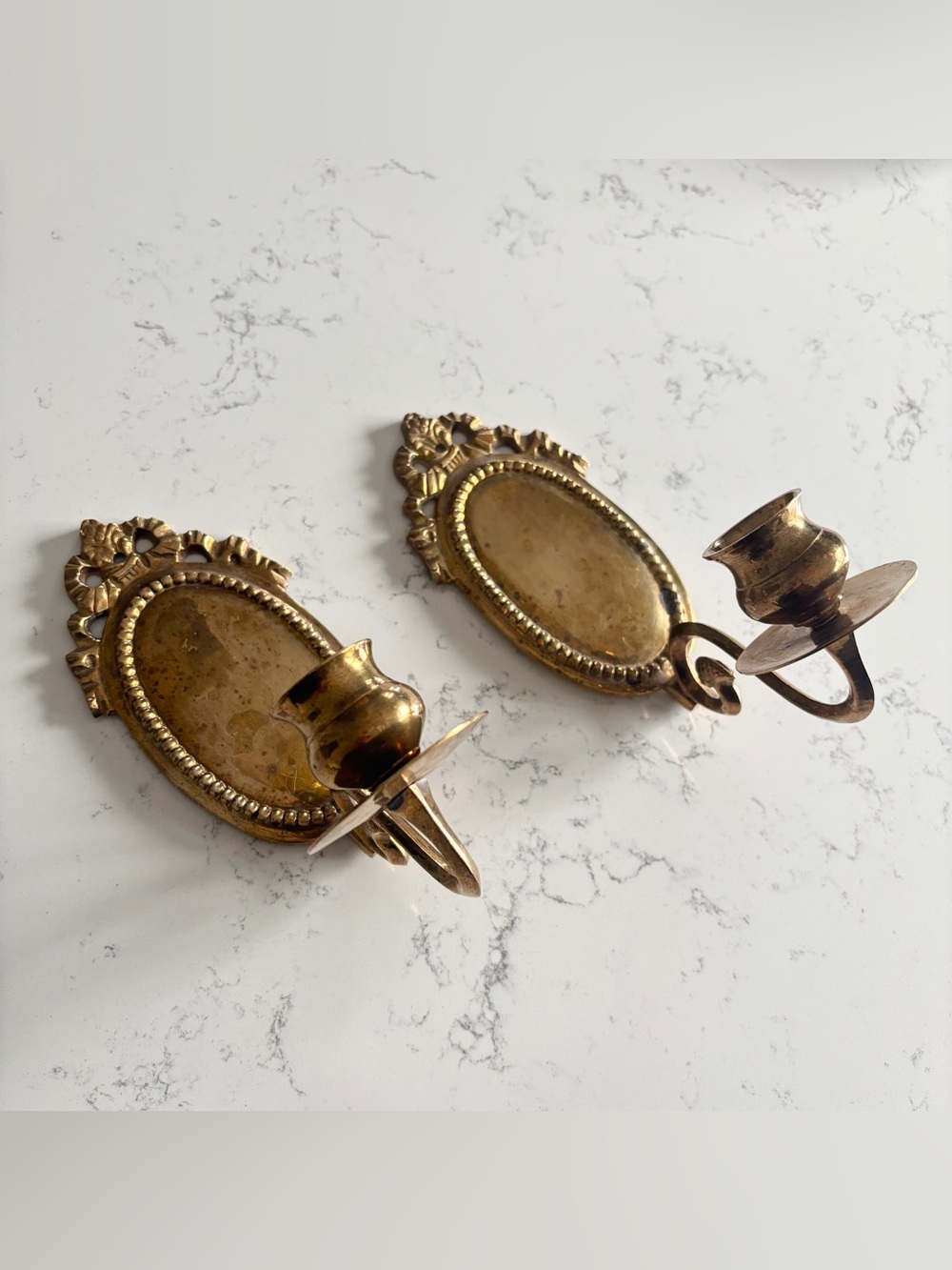 Vintage Pair of Victorian Style Oval and Bow Brass Candle Holder Wall Sconces